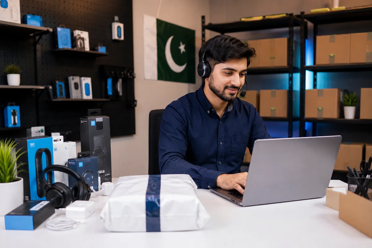 Photorealistic ecommerce delivery and support scene for Umar InfoTech Pakistan