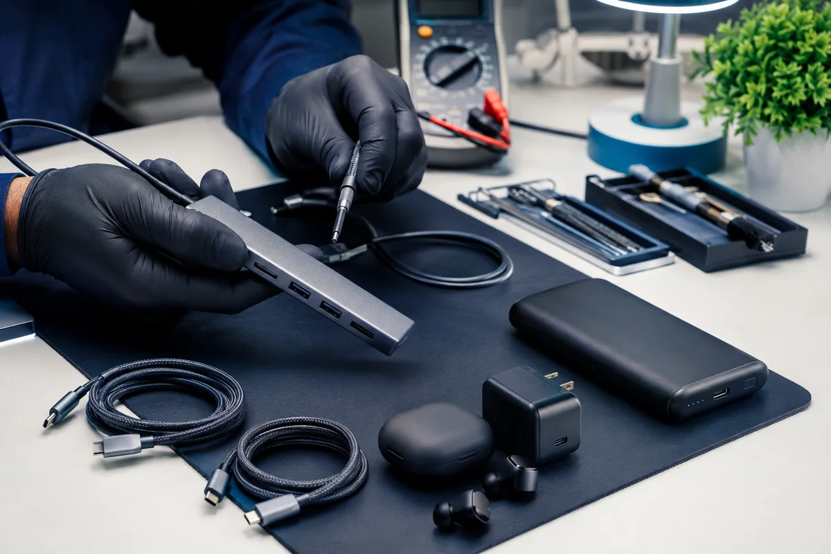 Photorealistic tech accessories quality check scene for Umar InfoTech Pakistan